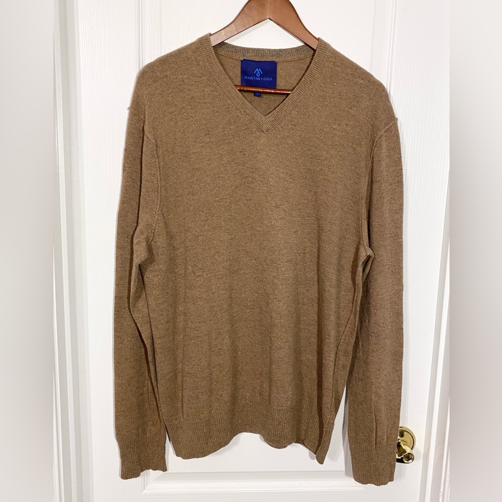 Martin + Osa Cotton Wool CASHMERE Exposed Seam V-Neck Sweater Tan Men’s Large